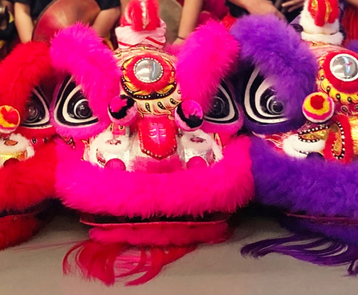 Foto de uma fantasia da dança do leão chinês.