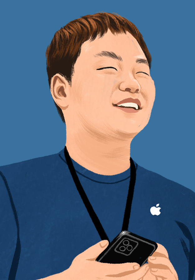 Retrato ilustrado do William sorrindo na Apple Store.